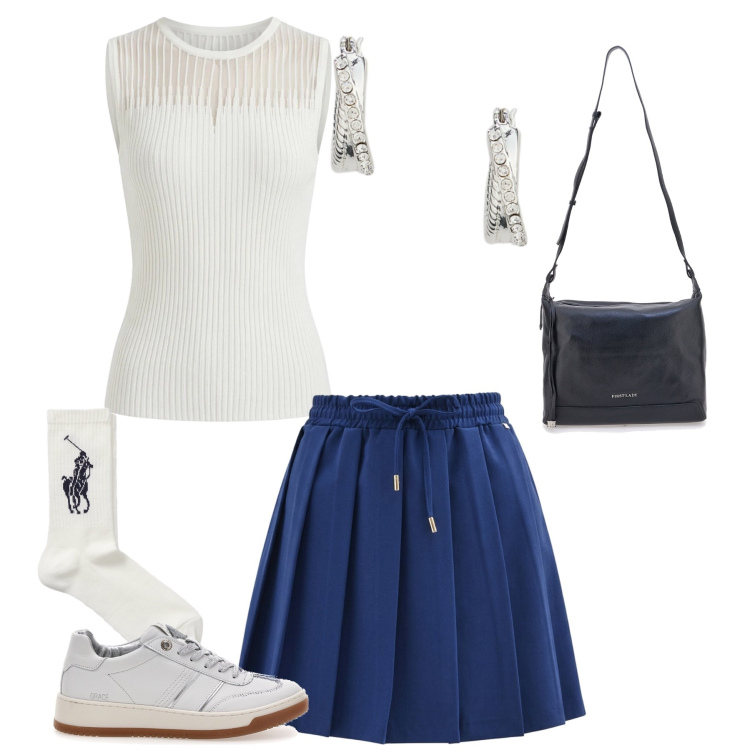 Outfit donna - Chic Court. Stile Preppy per Tutti i giorni. Abbinamento con minigonne, canottiere, calzini, orecchini, borse a tracolla, sneakers.