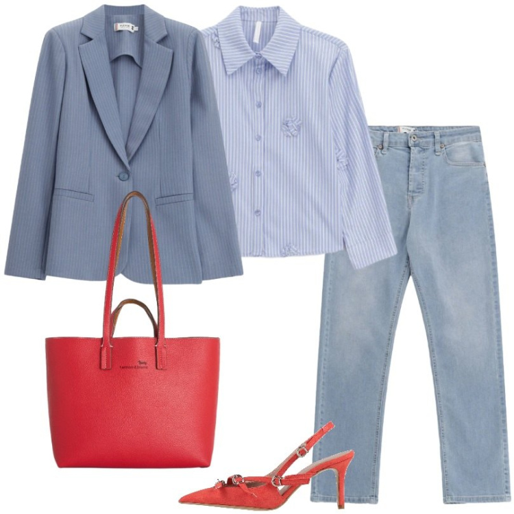 Outfit donna - Un must per il guardaroba di ogni giorno. Stile Casual per Tutti i giorni. Abbinamento con décolleté, camicie, jeans, blazer, shopping bag.