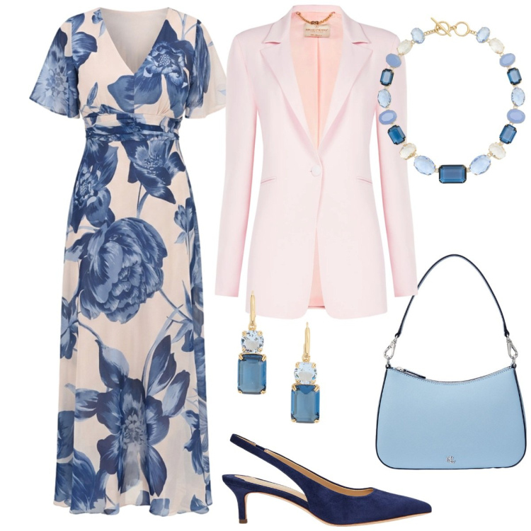 Outfit donna - Rinascimento Spring Elegance. Stile Chic per Cerimonia. Abbinamento con vestiti lunghi, blazer, borse a spalla, décolleté, orecchini, collane.