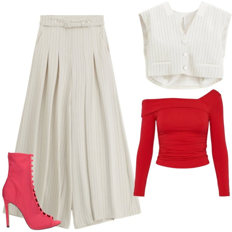 Outfit donna - Beige righe e rosso. Stile Trendy per Tutti i giorni. Abbinamento con stivaletti, gilet, pantaloni a palazzo, t-shirt.