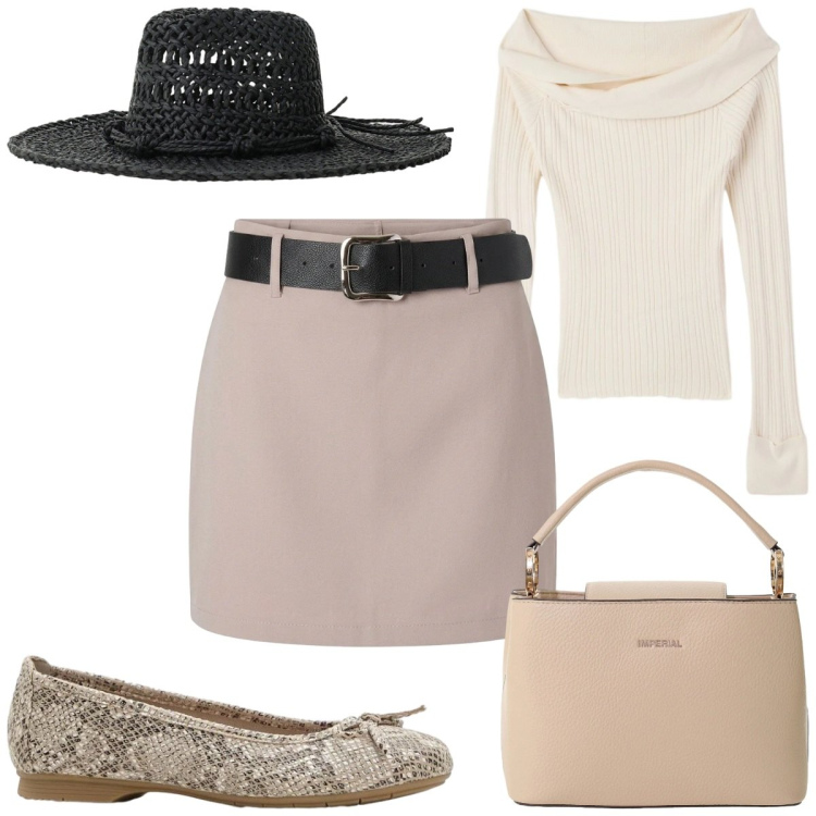 Outfit donna - Total look #2386456. Stile Trendy per Tutti i giorni. Abbinamento con ballerine, maglieria, minigonne, borse a secchiello, cappelli.