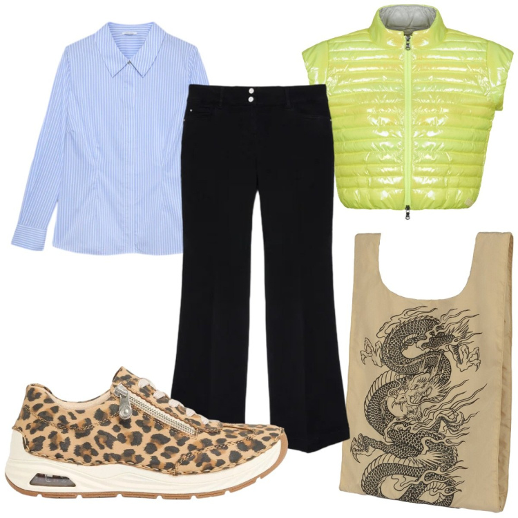 Outfit donna - Total look #2386457. Stile Trendy per Tutti i giorni. Abbinamento con sneakers, jeans, camicie, shopping bag, blazer.