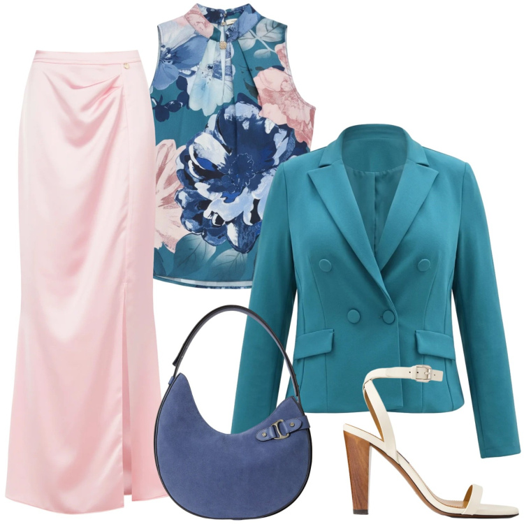 Outfit donna - Primavera impressionista. Stile Chic per Cerimonia. Abbinamento con gonne lunghe, top, blazer, borse a spalla, sandali in pelle.