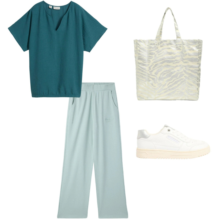 Outfit donna - Verde relax. Stile Basic per Tutti i giorni. Abbinamento con bluse, sneakers, shopping bag, pantaloni.