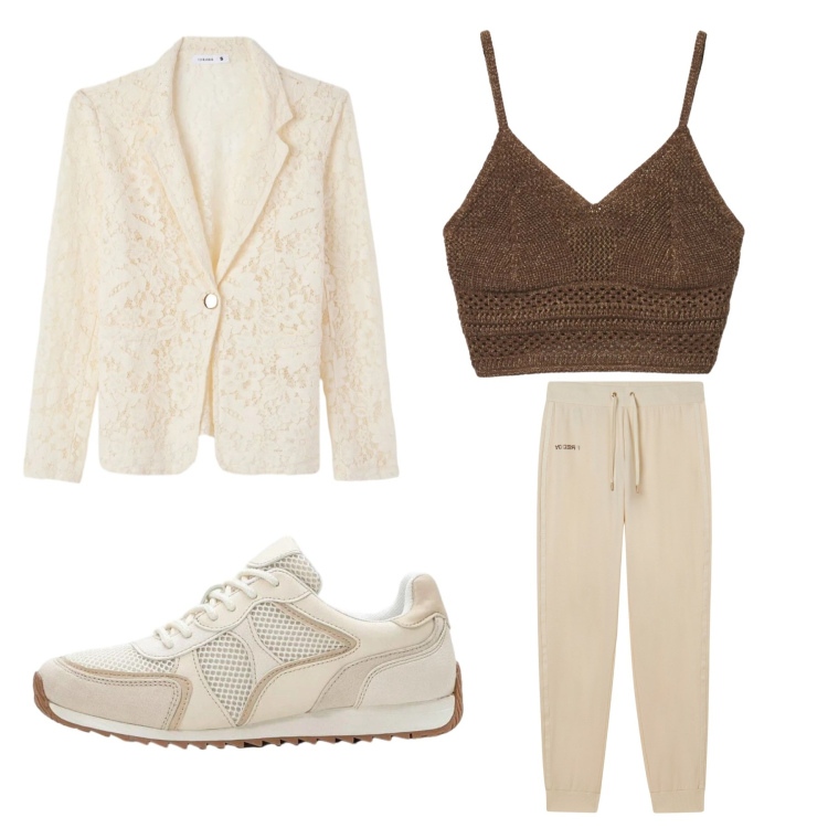 Outfit donna - Fuori città. Stile Casual per Scuola/Università. Abbinamento con sneakers alte, blazer, top, pantaloni.