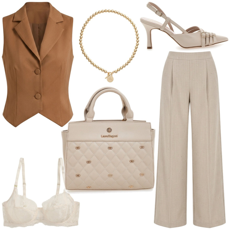 Outfit donna - Primavera in ufficio. Stile Chic per Ufficio. Abbinamento con gilet, pantaloni a palazzo, collane, reggiseni, décolleté, borse a mano.