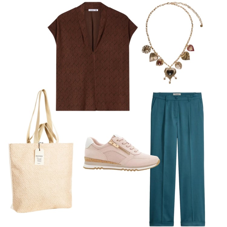 Outfit donna - Contrasti d\'estate. Stile Casual per Tutti i giorni. Abbinamento con pantaloni, sneakers, bluse, borse tote, collane.
