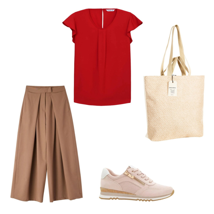 Outfit donna - Un tocco di rosso. Stile Casual per Tutti i giorni. Abbinamento con sneakers, bluse, pantaloni, borse tote.