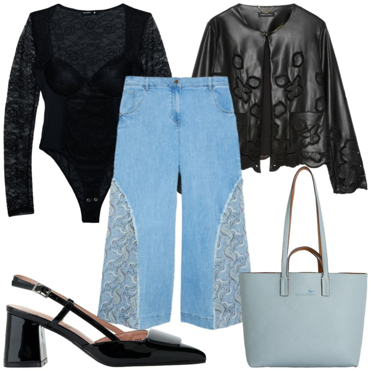 Outfit donna - Total look #2386467. Stile Trendy per Tutti i giorni. Abbinamento con body, décolleté, pantaloni, blazer, shopping bag.