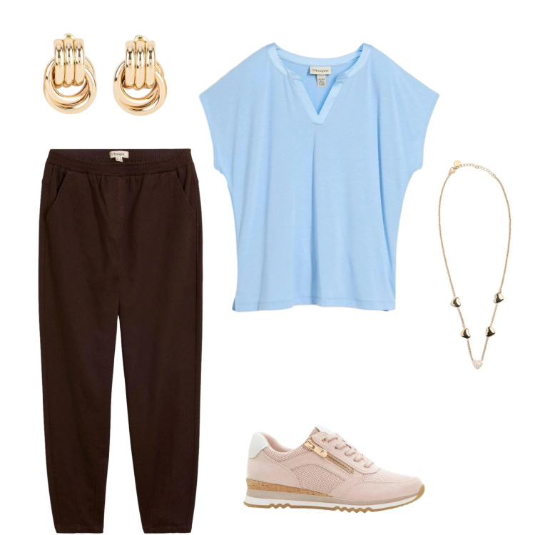 Outfit donna - Di sole e d\'azzurro. Stile Casual per Tutti i giorni. Abbinamento con bluse, pantaloni, orecchini, sneakers, collane.