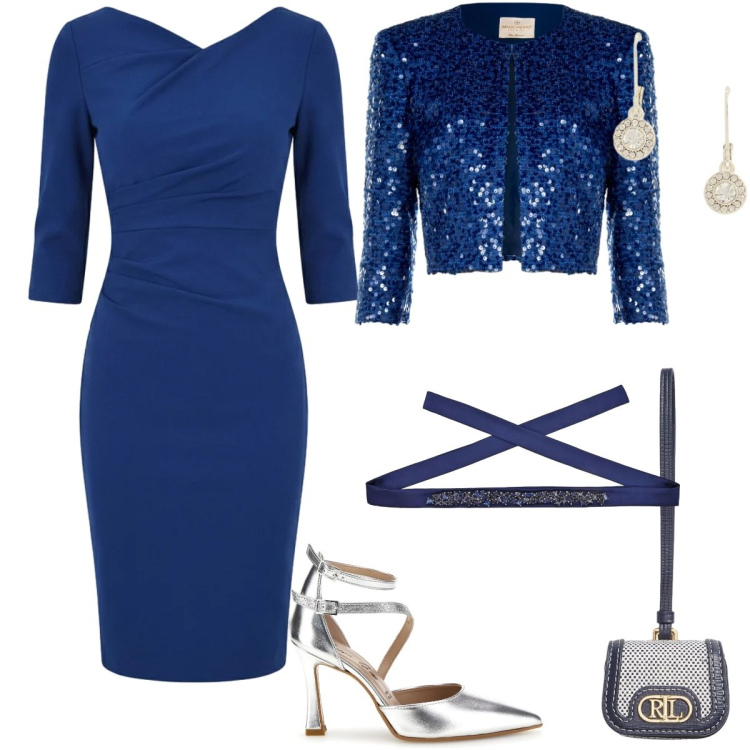 Outfit donna - Rinascimento Spring Elegance. Stile Glamour per Serata fuori. Abbinamento con vestiti asimmetrici, cinture, bolero, orecchini, pochette, décolleté.