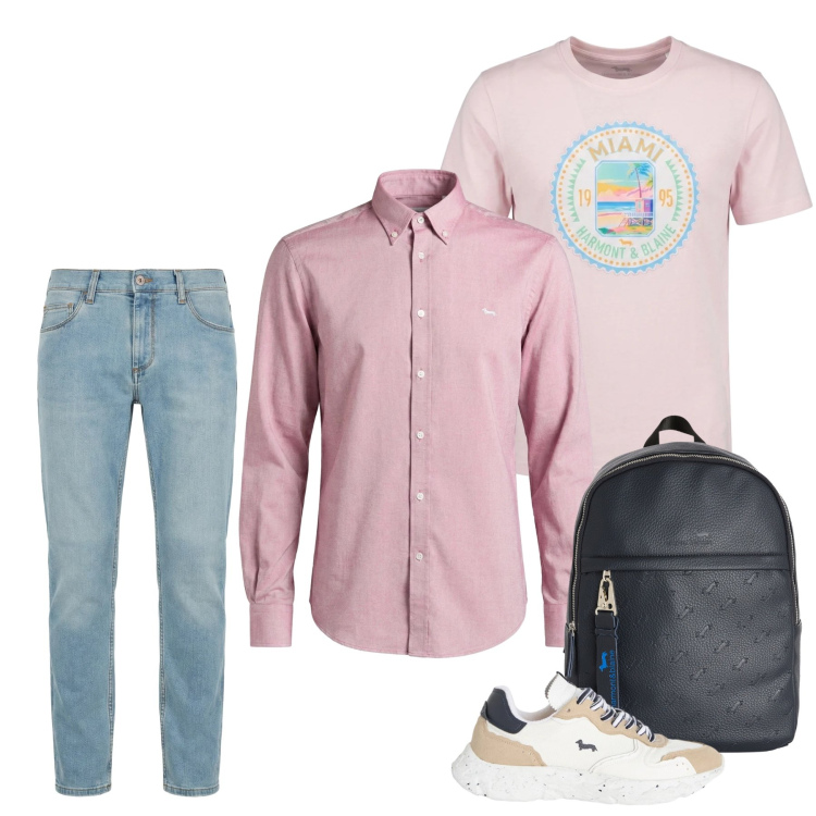 Outfit uomo - Casual Pastello & Denim. Stile Urban per Tutti i giorni. Abbinamento con jeans slim fit, sneakers, borse sportive, camicie, t-shirt.