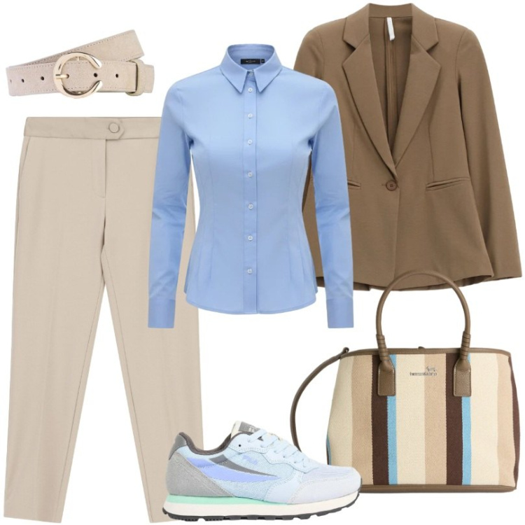 Outfit donna - Total look #2386475. Stile Casual per Ufficio. Abbinamento con cinture, sneakers, pantaloni, blazer, camicie, shopping bag.