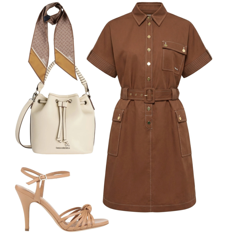 Outfit donna - City. Stile Urban per Tutti i giorni. Abbinamento con sandali in pelle, sciarpe, vestiti chemisier, borse a secchiello.