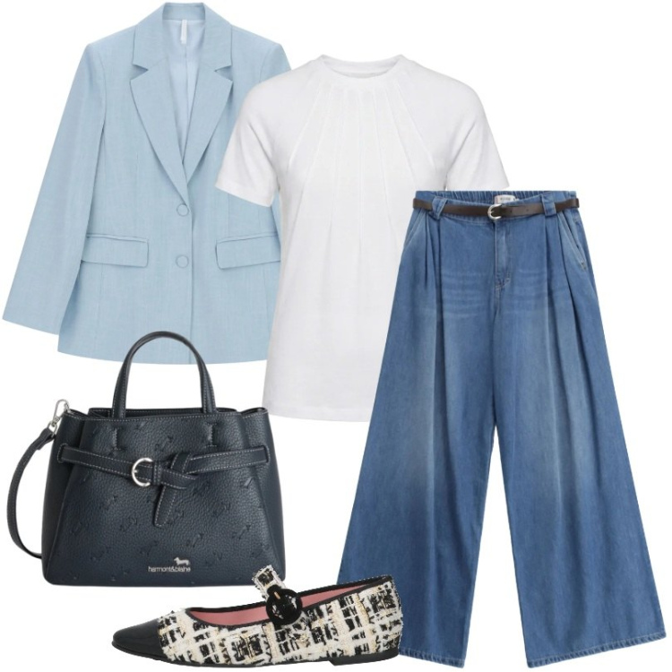 Outfit donna - Aprile. Stile Casual per Tutti i giorni. Abbinamento con ballerine, blazer, jeans, borse a mano, t-shirt.