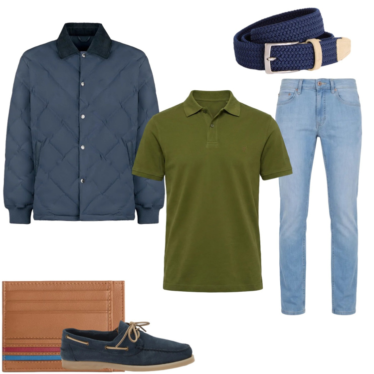 Outfit uomo - Weekend fuori porta. Stile Trendy per Tutti i giorni. Abbinamento con cinture, portafogli, jeans, scarpe stringate, polo, giacche.