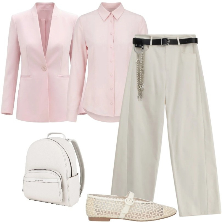 Outfit donna - In centro. Stile Casual per Tutti i giorni. Abbinamento con zaini, ballerine, pantaloni a palazzo, camicie, blazer.