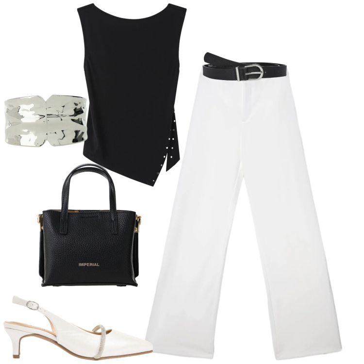 Outfit donna - B&W. Stile Urban per Tutti i giorni. Abbinamento con décolleté, borse a tracolla, braccialetti, pantaloni, top, cinture.