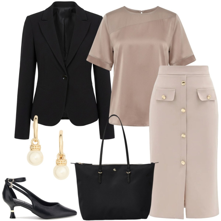 Outfit donna - Total look #2386492. Stile Chic per Ufficio. Abbinamento con blazer, gonne longuette, bluse, borse tote, orecchini, décolleté.