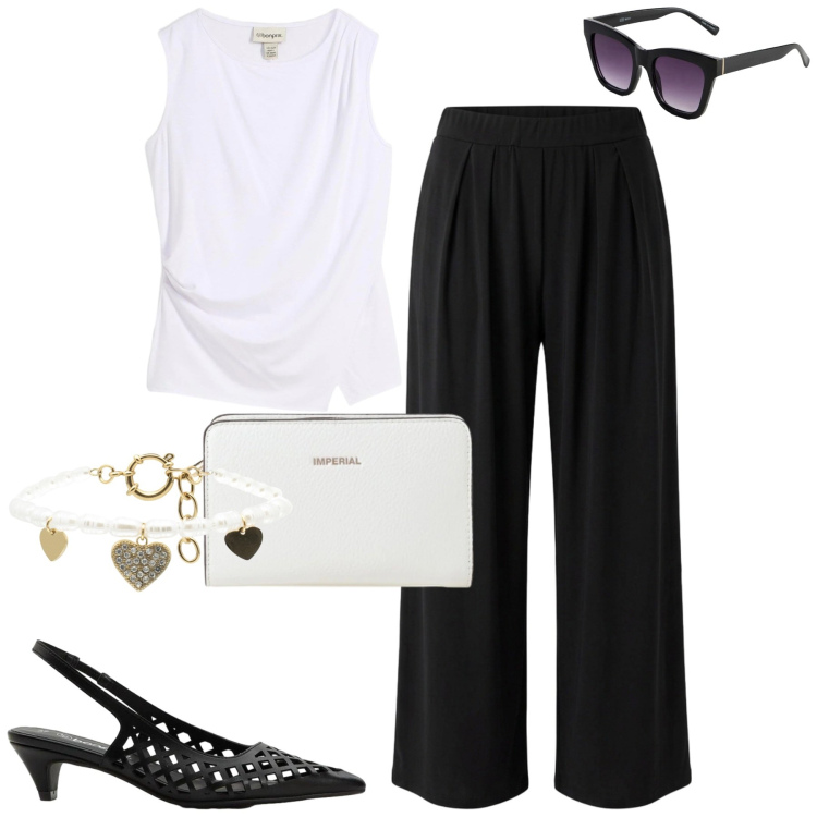 Outfit donna - B&W. Stile Urban per Tutti i giorni. Abbinamento con top, décolleté, occhiali da sole, pantaloni, borse a tracolla, braccialetti.