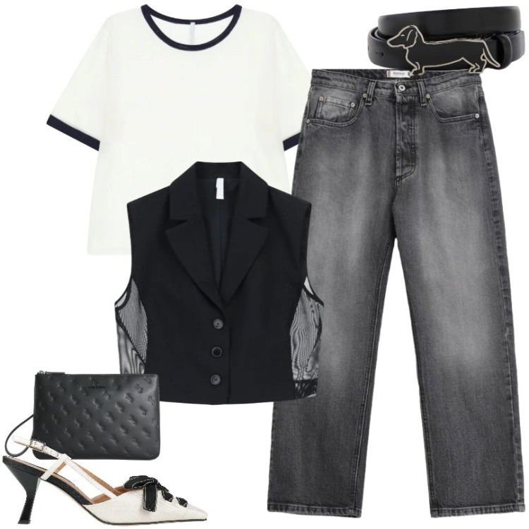 Outfit donna - Total look #2386494. Stile Trendy per Serata fuori. Abbinamento con décolleté, gilet, t-shirt, jeans, anelli, cinture.