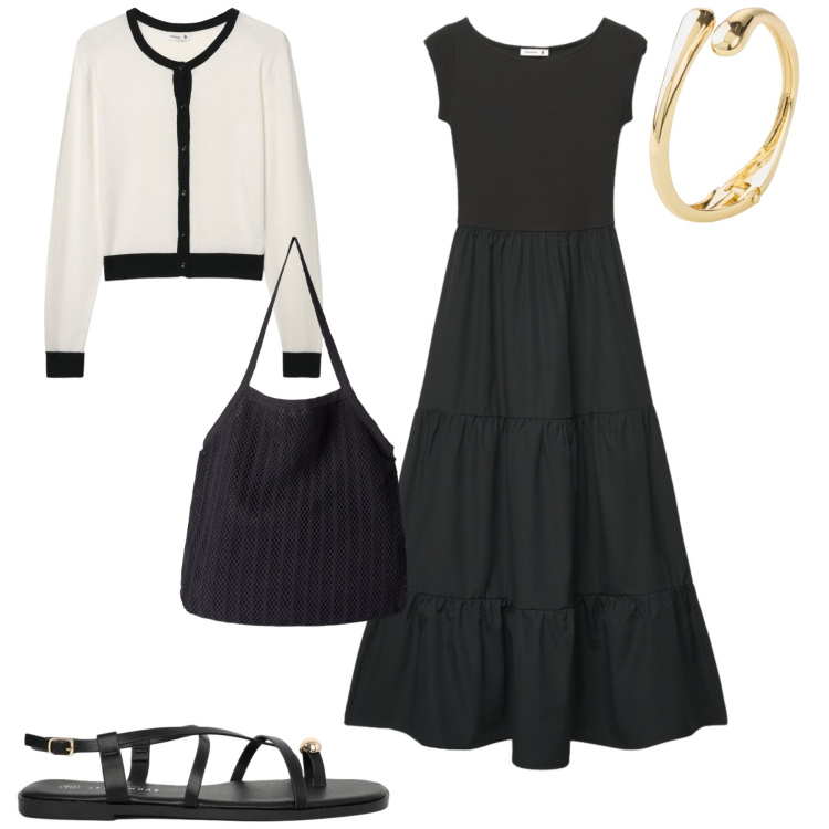 Outfit donna - Easy. Stile Casual chic per Tutti i giorni. Abbinamento con braccialetti, vestiti lunghi, cardigans, shopping bag, sandali.