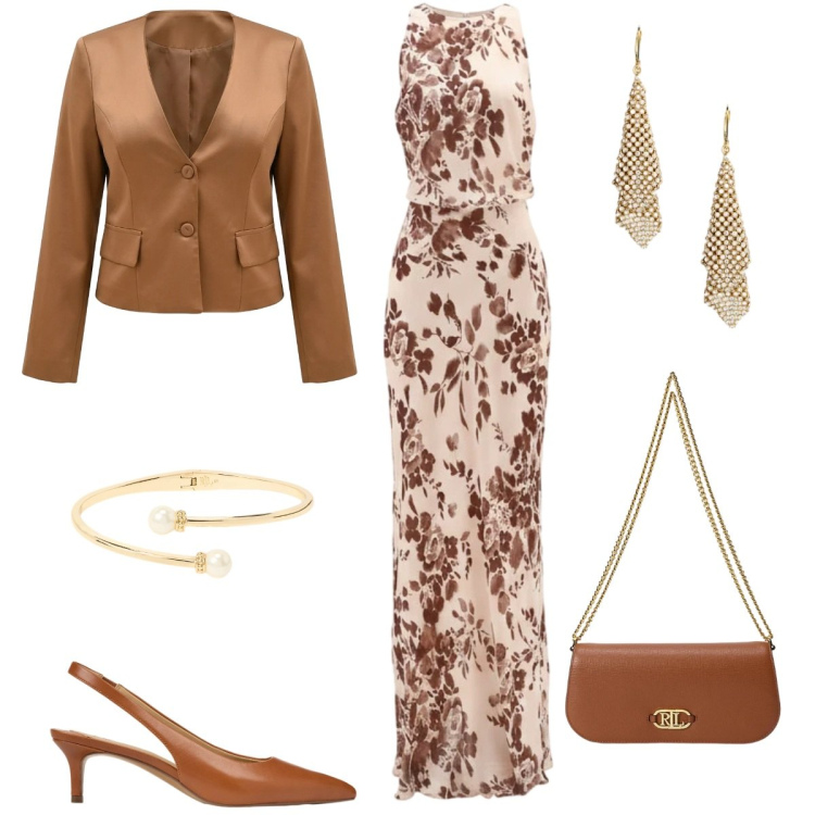 Outfit donna - Rinascimento Spring Elegance. Stile Chic per Cerimonia. Abbinamento con vestiti lunghi, blazer, orecchini, décolleté, braccialetti, borse a spalla.