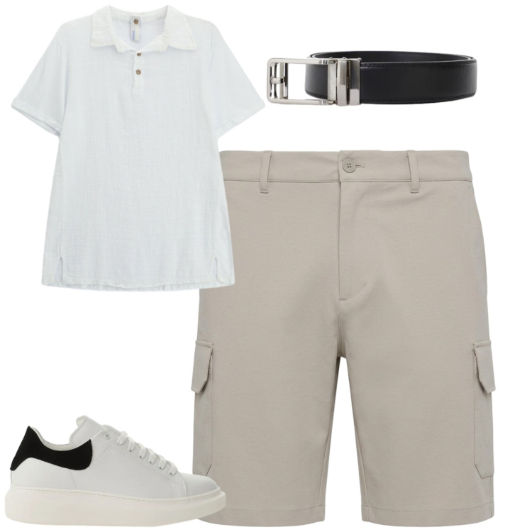 Outfit uomo - City. Stile Urban per Tutti i giorni. Abbinamento con pantaloni corti, sneakers, cinture, polo.