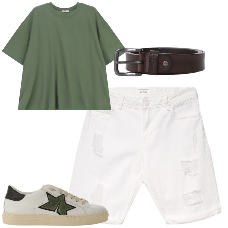 Outfit uomo - City. Stile Casual per Tutti i giorni. Abbinamento con bermuda, t-shirt, sneakers, cinture.