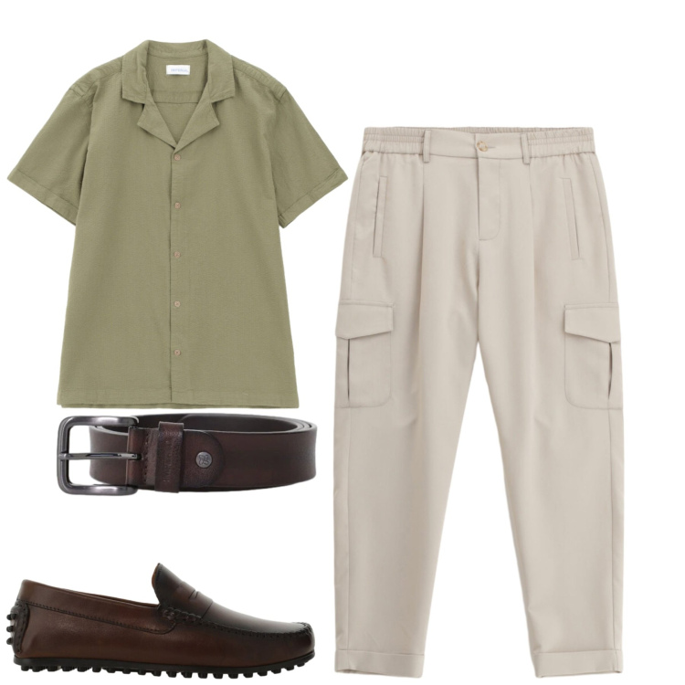 Outfit uomo - City. Stile Casual per Tutti i giorni. Abbinamento con camicie a manica corta, pantaloni cargo, scarpe stringate, cinture.
