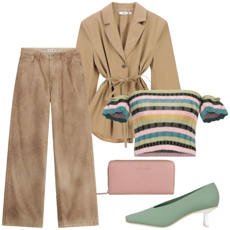Outfit donna - Total look #2386505. Stile Chic per Serata fuori. Abbinamento con top, décolleté, pantaloni a palazzo, blazer, portafogli.