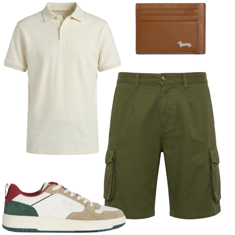 Outfit uomo - Aprile. Stile Casual per Tutti i giorni. Abbinamento con sneakers, portafogli, polo, bermuda.