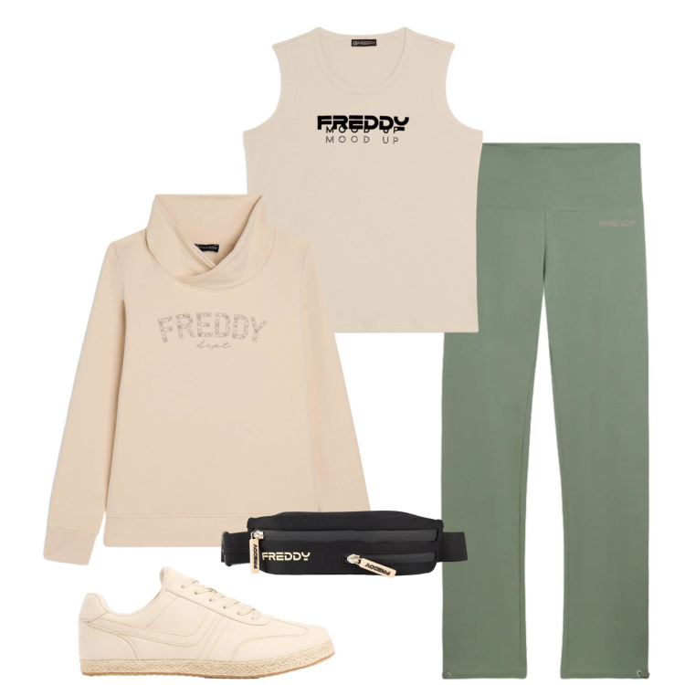 Outfit donna - Total look #2386509. Stile Sporty chic per Sport. Abbinamento con sneakers, felpe con cappuccio, pantaloni, borse sportive, canottiere.