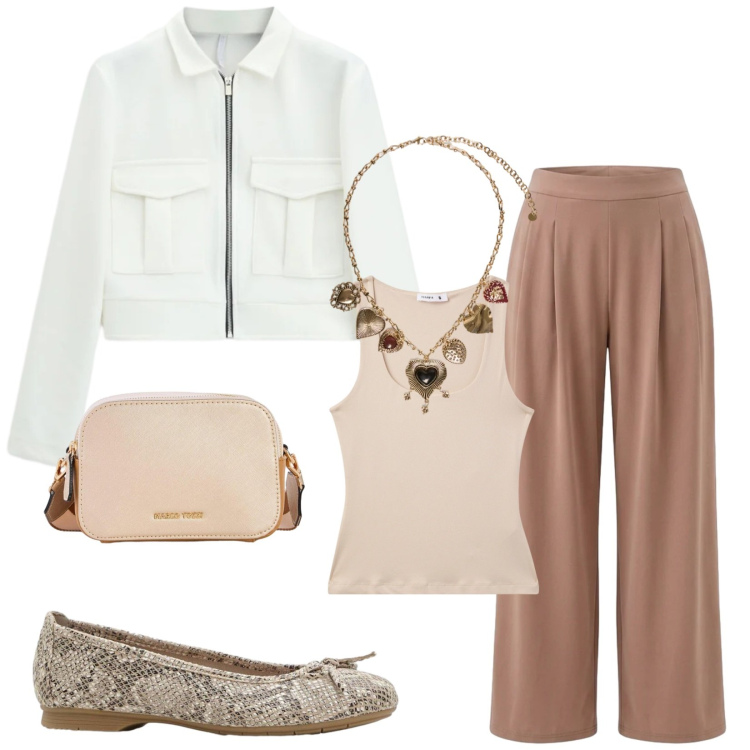 Outfit donna - Total look #2386513. Stile Casual chic per Tutti i giorni. Abbinamento con ballerine, borse a tracolla, pantaloni, canottiere, collane, cappotti.