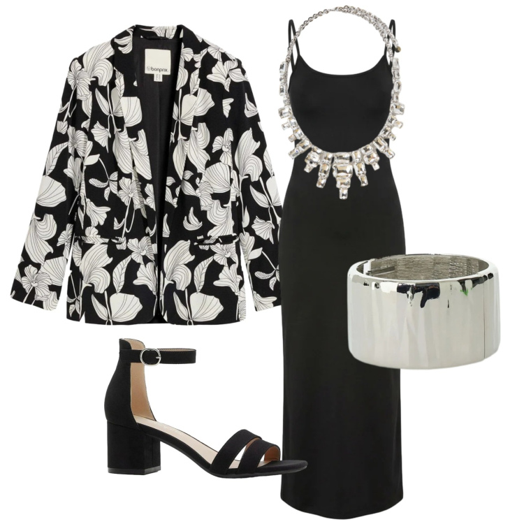 Outfit donna - Total look #2386514. Stile Chic per Serata fuori. Abbinamento con blazer, sandali col tacco, vestiti lunghi, braccialetti, collane.