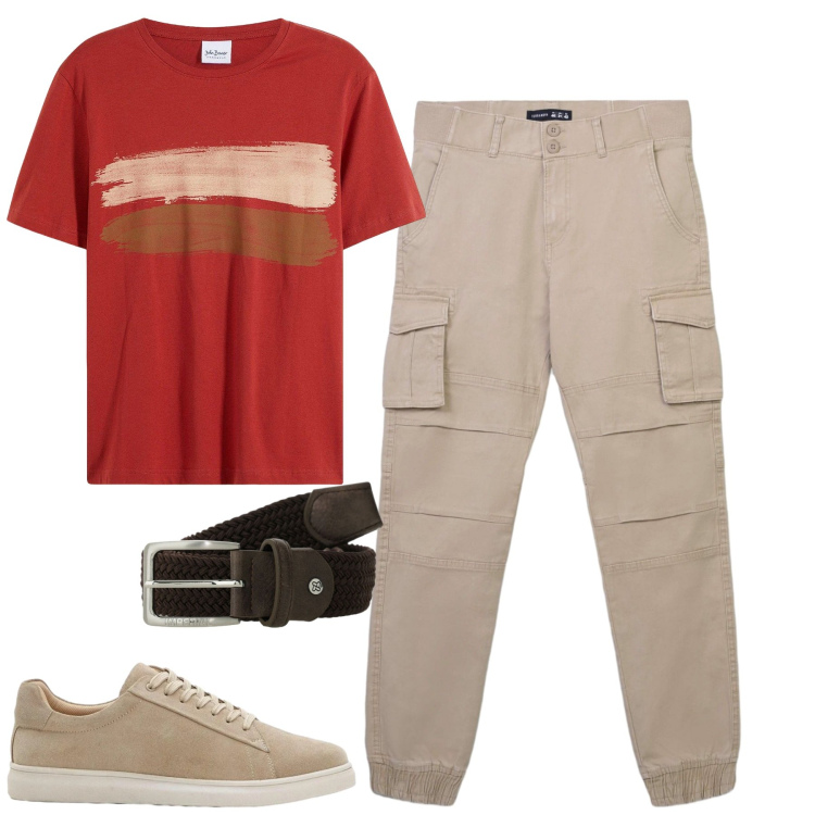 Outfit uomo - City. Stile Casual per Tutti i giorni. Abbinamento con t-shirt, sneakers, pantaloni cargo, cinture.
