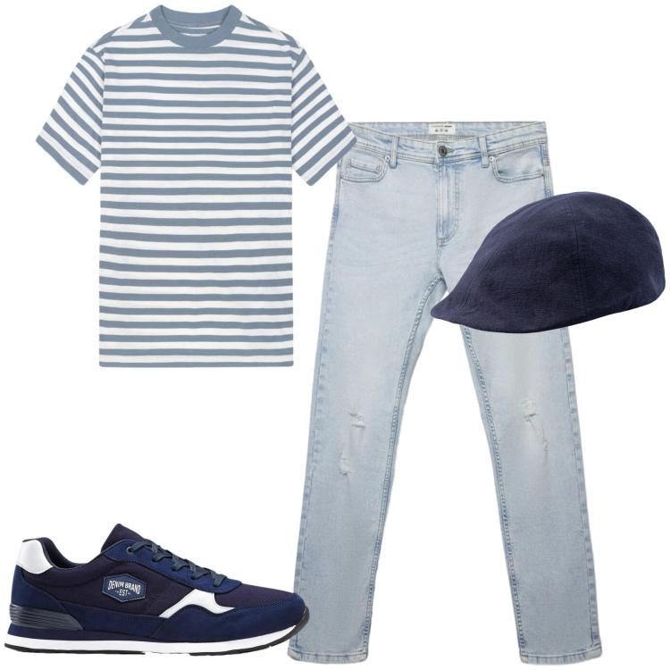 Outfit uomo - City. Stile Casual per Tutti i giorni. Abbinamento con sneakers, jeans strappati, cappelli con visiera, t-shirt.