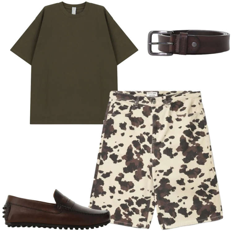 Outfit uomo - City. Stile Trendy per Tutti i giorni. Abbinamento con bermuda, scarpe stringate, cinture, t-shirt.