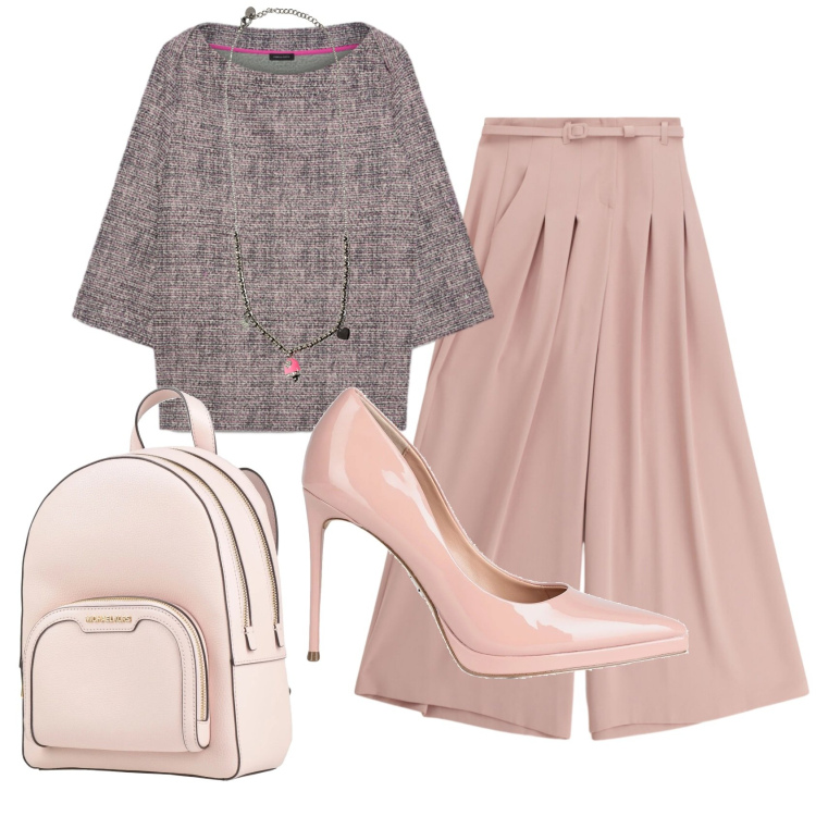 Outfit donna - Total look #2386522. Stile Chic per Ufficio. Abbinamento con décolleté, zaini, felpe, pantaloni a palazzo, ciondoli.