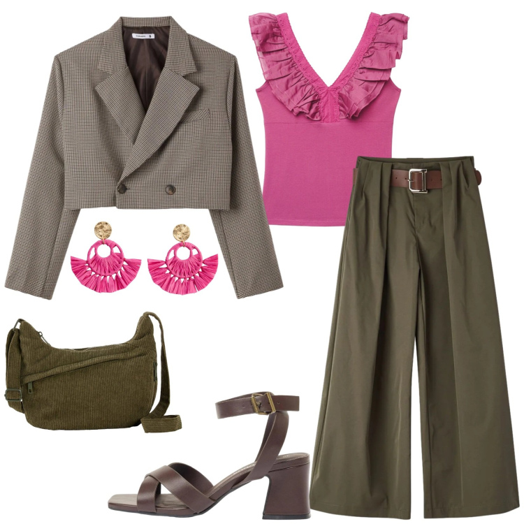 Outfit donna - Total look #2386528. Stile Casual chic per Tutti i giorni. Abbinamento con orecchini, borse a tracolla, sandali col tacco, top, blazer, pantaloni.
