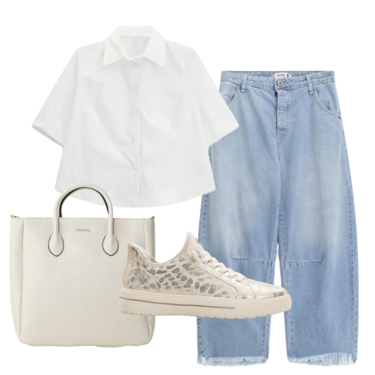 Outfit donna - Total look #2386529. Stile Casual per Ufficio. Abbinamento con sneakers, camicie a manica corta, borse a tracolla, jeans.