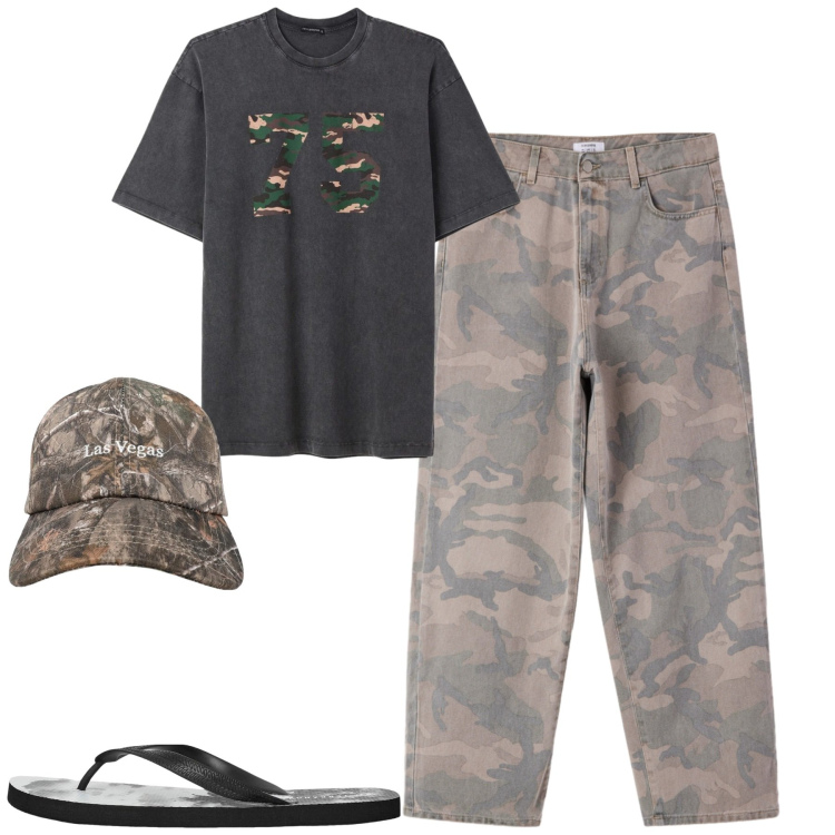 Outfit uomo - Aprile. Stile Casual per Tutti i giorni. Abbinamento con sandali, t-shirt, cappelli con visiera, pantaloni.