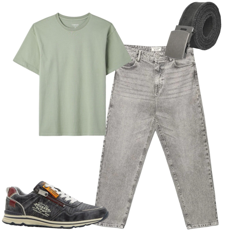 Outfit uomo - City. Stile Casual per Tutti i giorni. Abbinamento con sneakers, cinture, jeans, t-shirt.