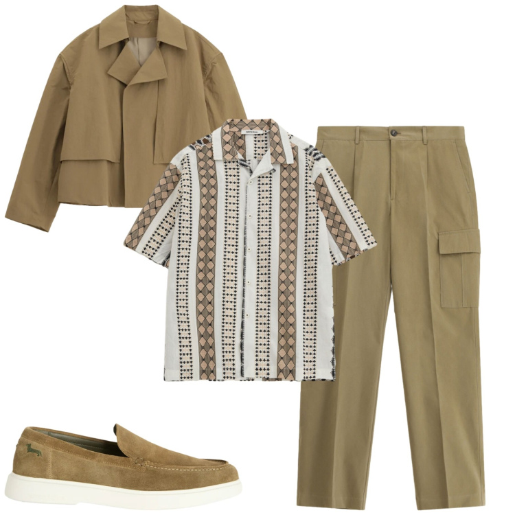 Outfit uomo - Aprile. Stile Urban per Tutti i giorni. Abbinamento con pantaloni cargo, camicie a manica corta, cappotti, scarpe stringate.
