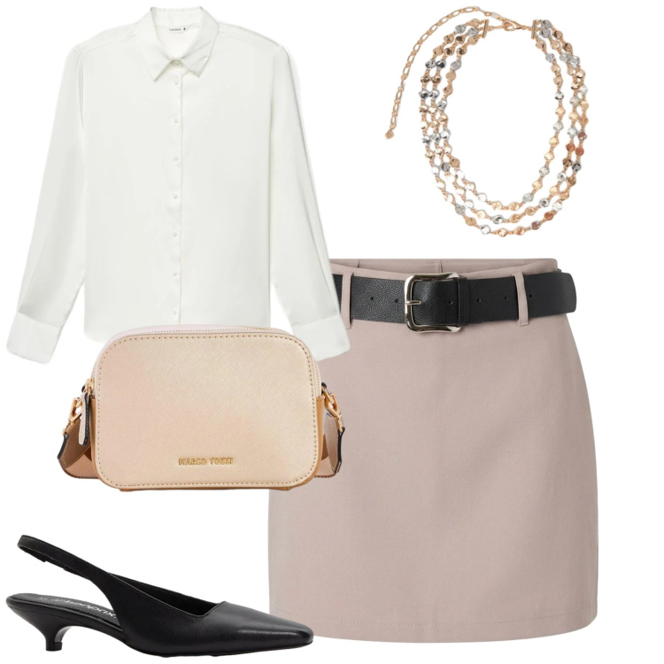 Outfit donna - City. Stile Urban per Tutti i giorni. Abbinamento con décolleté, borse a tracolla, camicie, minigonne, collane.