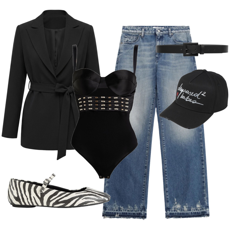 Outfit donna - Una sottile trasgressione. Stile Sporty chic per Tutti i giorni. Abbinamento con body, ballerine, cappelli con visiera, jeans, cinture, blazer.