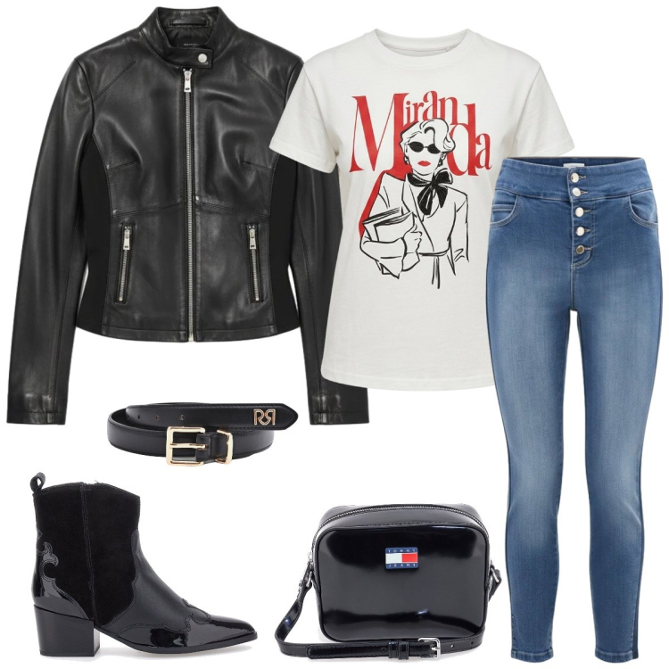 Outfit donna - Total look #2386546. Stile Casual per Tutti i giorni. Abbinamento con jeans, t-shirt, giacche, cinture, stivaletti texani, borse a tracolla.