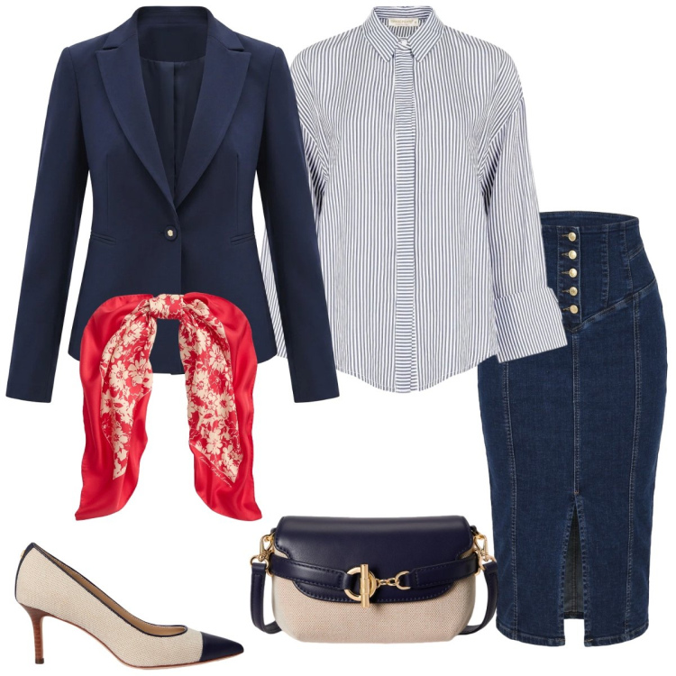 Outfit donna - Total look #2386549. Stile Casual chic per Tutti i giorni. Abbinamento con blazer, gonne longuette, camicie, borse a tracolla, décolleté, foulard.