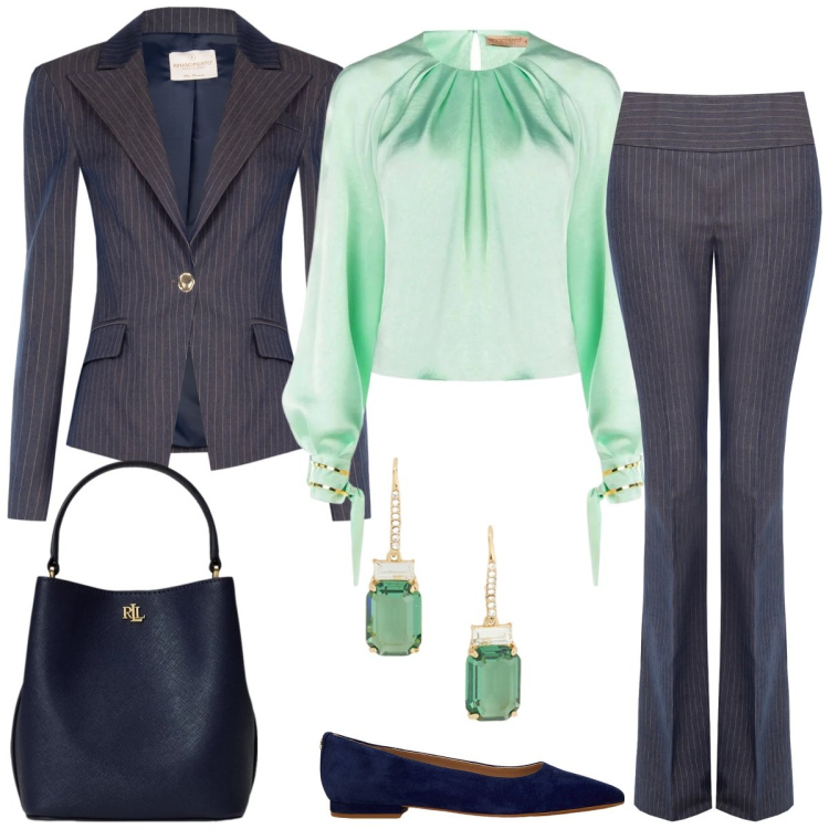 Outfit donna - Total look #2386550. Stile Chic per Ufficio. Abbinamento con blazer, pantaloni, bluse, ballerine, borse a secchiello, orecchini.