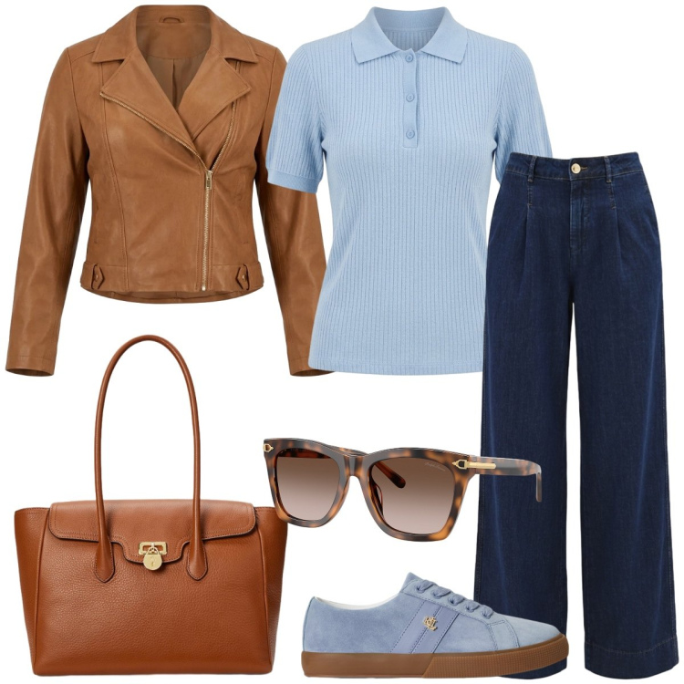 Outfit donna - Total look #2386552. Stile Casual per Tutti i giorni. Abbinamento con jeans dritti, giacche, polo, occhiali da sole, borse a mano, sneakers.